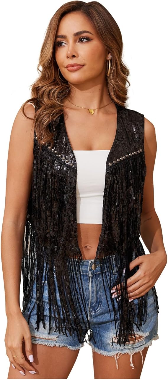 WERFORU Women's Sequin Sleeveless Tassel Vest Western Sequin Tassel Vest Sparkly Fringe Cowgirl Outfit-