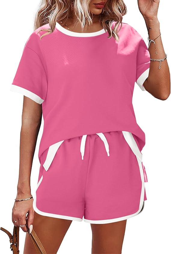 AKEWEI Shorts Sets Women 2 Piece Outfits Casual Short Sleeve Crewneck Tops and Drawstring Shorts Color Block Sets