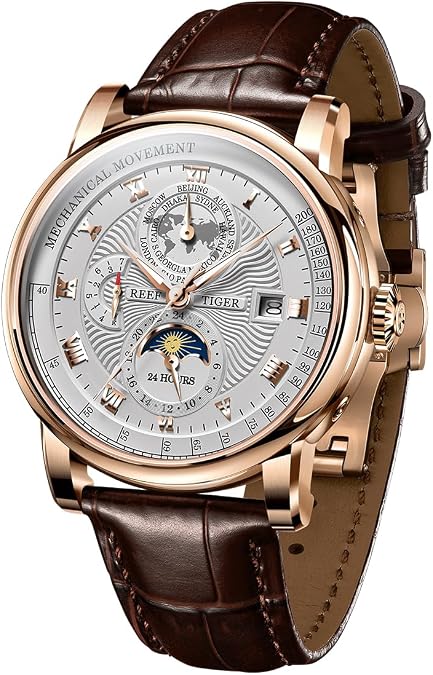 REEF TIGER Brand Moonphase Leather Automatic Watch Mens Complete Calendar Luminous Transparent Mechanical Wristwatch RGA1963
