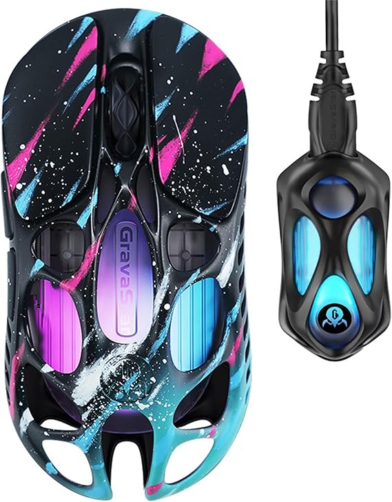 GravaStar Mercury X Pro Wireless Gaming Mouse - 32,000 DPI PAW 3950 Sensor, 8,000Hz Polling Speed, Magnesium Alloy Hollow Frame, RGB Lighting, 5 Programmable Buttons, Three Modes (Neon Graffiti)