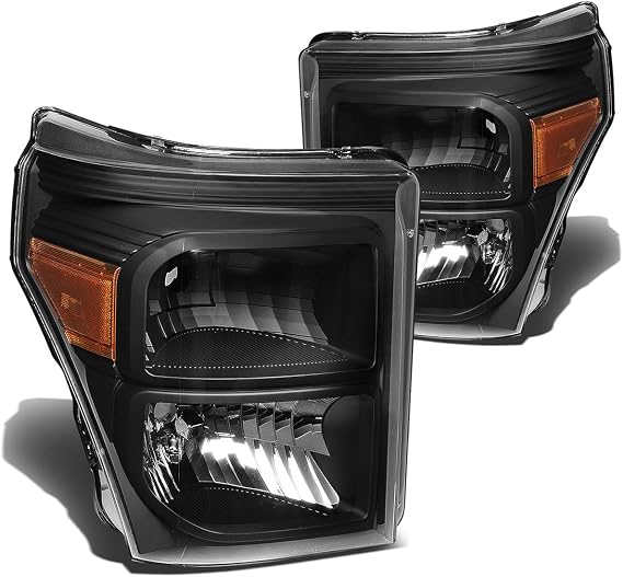 DNA MOTORING Headlights Assembly Compatible with 11-16 F-250 / F-350 / F-450 / F-550 Super Duty, Black Amber, HL-OH-FSU13-BK-AM