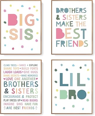 LARTSFRO Brother and Sister Make The Best Friends Wall Art Decor Posters, Baby Boys Gril Nursery Room Playroom Bedroom Bathroom Wall Art Decor, Inspirational Decor for Big Sister Little Brother Nursery Toddler Baby, Gifts for Kids 16x12 Inch Set of 4 Pcs UNFRAMED