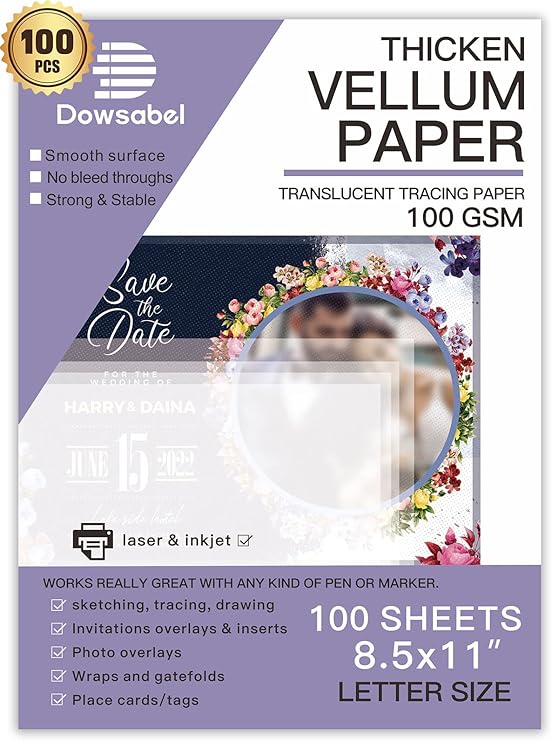Translucent Vellum Paper, Dowsabel 68LBS 8.5 x 11 inches Printable Vellums for Card Overlays, Invitations Belly Bands, Envelope, Lantern,50 Sheets