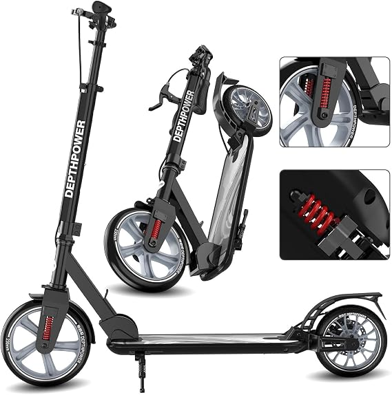 Big Wheels Kick Scooter for Kids Ages 6+, Teens and Adults, Max Load 300 LBS, Foldable - 2-Wheel Commuter Adult Scooters with Hand Brake & Shock Absorption, Adjustable Handlebar, Bearing ABEC9