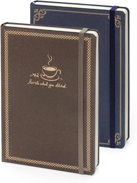 Hardcover Journal Notebooks 2 Pack Notebook Ruled Lined Writing Journal 5.59"x8.27" 104 Pages/80g for Writing Work Travel School Business Journaling Notebooks (Blue Quill and Brown Coffee)