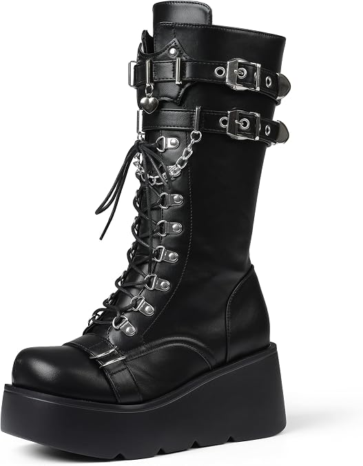 Women's Black Platform Boots Wedge Combat Gothic Chunky Heel Lace Up Mid Calf Punk Motorcycle Shoes