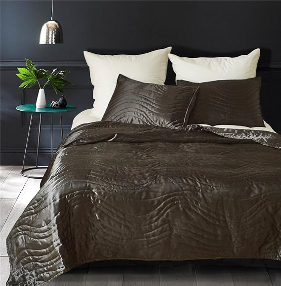 Luxury Quality Super Soft Quilted Bedspread Set 3 Pieces Queen Size 90 by 90 Inches - Silk Coverlet - Solid Comforter All Season,Black