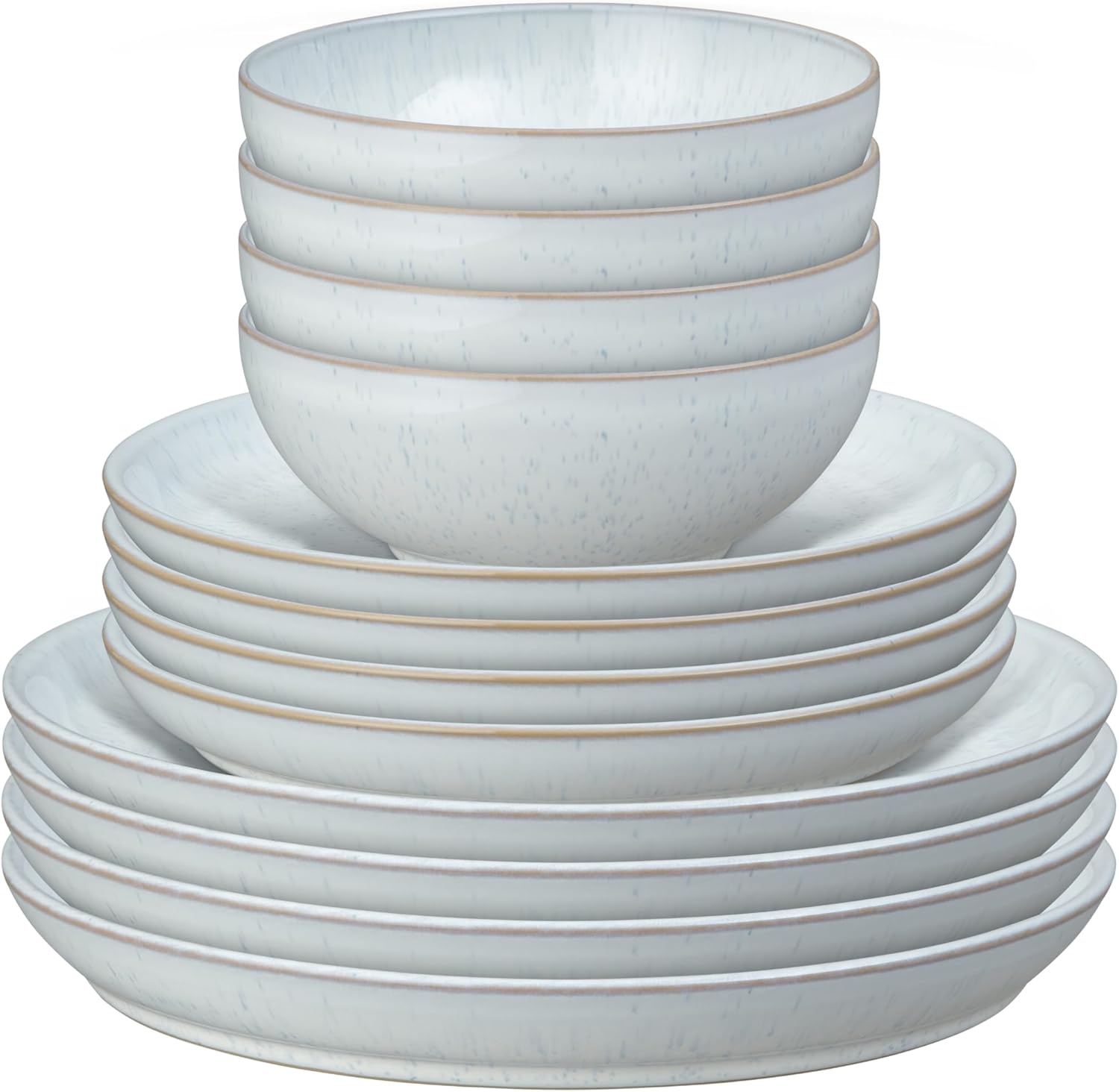 Denby - White Speckle Coupe Dinner Set for 4-12 Piece Ceramic Tableware Set - Dishwasher Microwave Safe Stoneware Crockery - Reactive Glaze, White - 4 x Dinner Plates, Medium Plates, Cereal Bowls