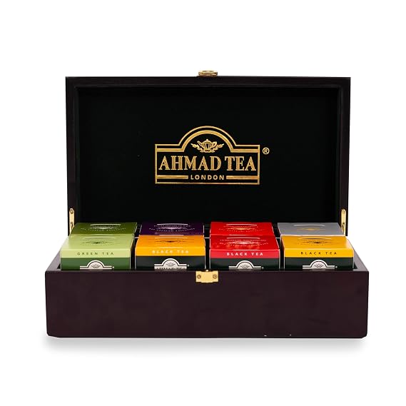 Ahmad Tea Black & Green Tea, Wooden Tea Keeper, 8 Popular Blends 10 ct (each) 80 Teabags Total - Caffeinated & Sugar-Free