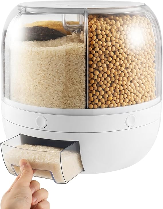 Dry Food Dispenser, 6 Grid Rotating Cereal Dispenser, Round Multigrain Tank Cup Dry Rice Container Food Dispenser Grains Cans Grain Storage Tank for Home Kitchen, White
