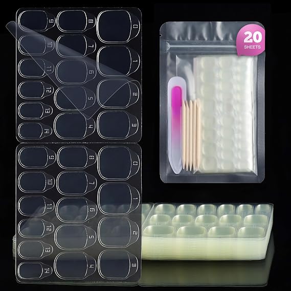 Artquee 20 Sheets 600 Pcs Nail Adhesive Tabs - Double Sided Jelly Nail Glue Sticky Tabs for Manicure, 15 Sizes