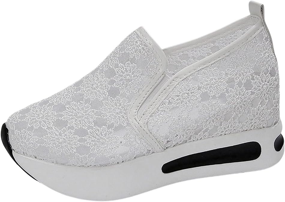 Platform Sneakers for Women,Fashion Sneaker Low Top Chunky Walking Shoes Round Toe Slip On Wedge Heel Loafers Sneaker Floral Embroidery Comfortable Work Casual Shoes Slip Resistant Work Shoes