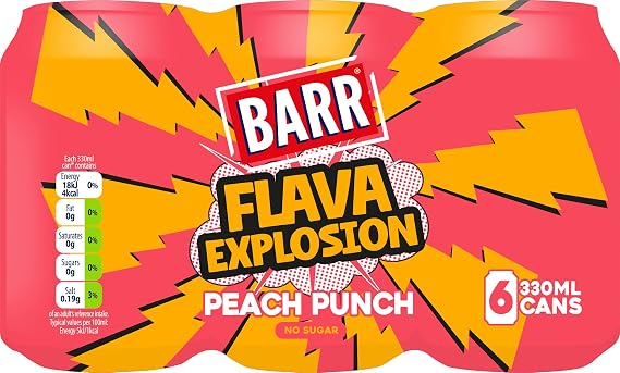 Barr Flava Explosions Peach Punch Sparkling Soft Drink, 6 Pack, 330ml Cans