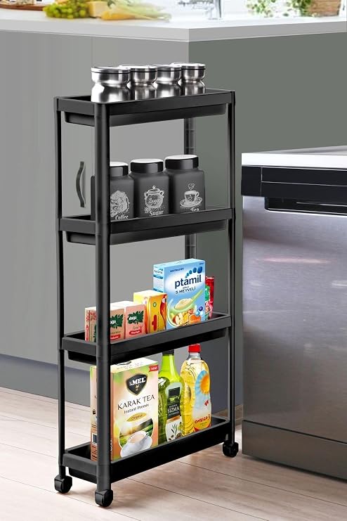 Slim 4 Katlı Tekerlekli Raf Ünitesi - Dar Alanlar İçin Mutfak & Banyo Organizer - Baharatlık & Havluluk Düzenleyici - Plastik - Siyah