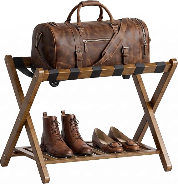 SMIBUY Luggage Rack, Foldable Bamboo Suitcase Stand with Storage Shelf for Guest Room, Bedroom, Hotel, Heavy-Duty, 1 Pack (Walnut)