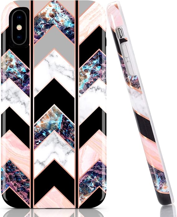 BAISRKE Shiny Rose Gold Wave Geometric Marble Case Slim Soft TPU Rubber Bumper Silicone Protective Phone Case Cover Compatible with iPhone Xs Max 6.5 inch (2018) [Black]