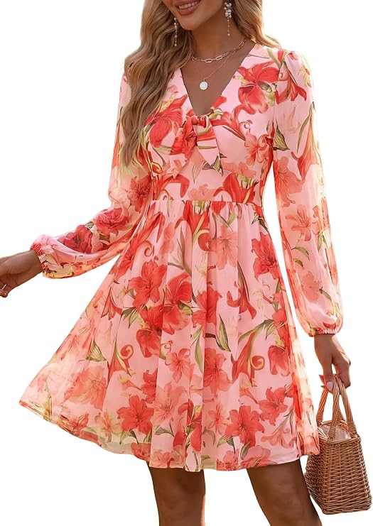 HUHOT Women's Floral Cocktail Wedding Guest Long Sleeve Flowy Bow Front Dress