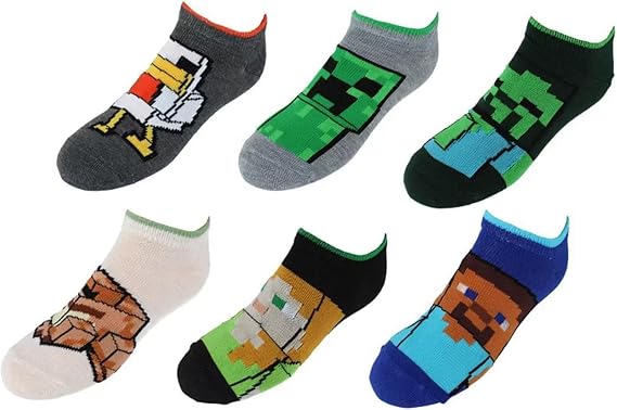 Minecraft No Show Socks 6-Pack, Size Large (3-9)