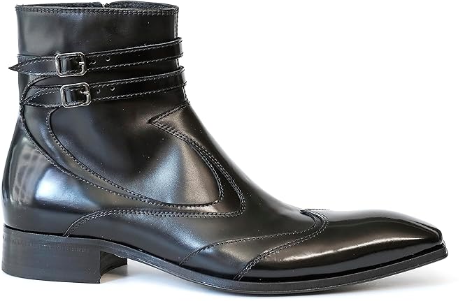 Jo Ghost 4765 Italian Black Leather Wing Tip Ankle Boots W/2 Buckles,Zipper (US Footwear Size System, Adult, Men, Numeric, Medium, 10)