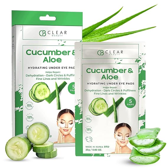 Clear Beauty Cucumber & Aloe Under Eye Patches for Puffy Eyes and Dark Circles Dermatologist Tested, Anti Aging Korean Skin Care Cooling Treatment for Eye Bags and Fine Lines Clean Vegan 5 Pairs