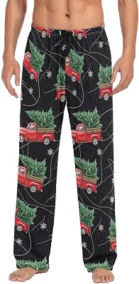 Mens Soft Pajama Pants with Pockets, Vintage Red Trucks Christmas Trees Lounge Pants Lightweight Pj Bottoms for Men S-XXL