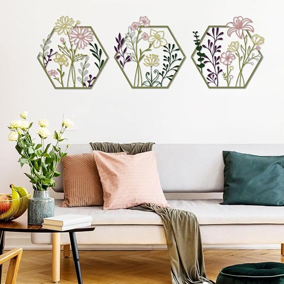 ESTART 3 Pcs Metal Flower Wall Decor, Minimalist Floral Wall Hanging Art