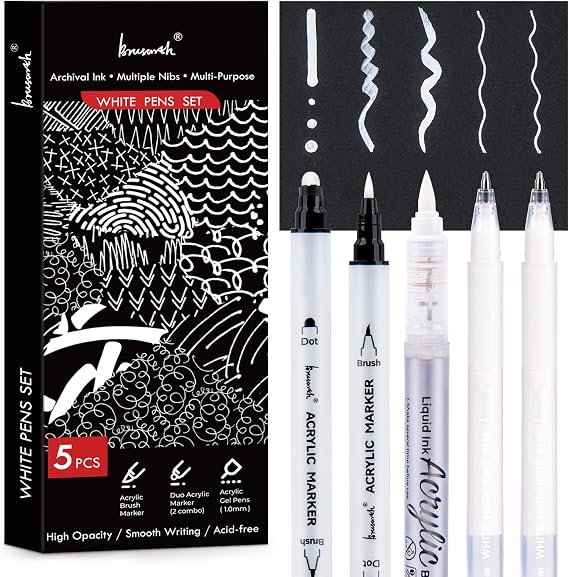 Brusarth White Pens Set, 5 Pack, 1mm White Gel Pens, Dual-Tip Acrylic Paint Pen, Brush Tip Acrylic Markers for Black Paper Drawing, Sketching, Illustration, Card Making, Bullet Journaling