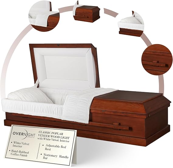 Overnight Caskets Carina Poplar Wood Funeral Casket w/White Velvet Interior | Handcrafted poplar wood veneer with white velvet interior lining, fully appointed adult casket with pillow & throw set