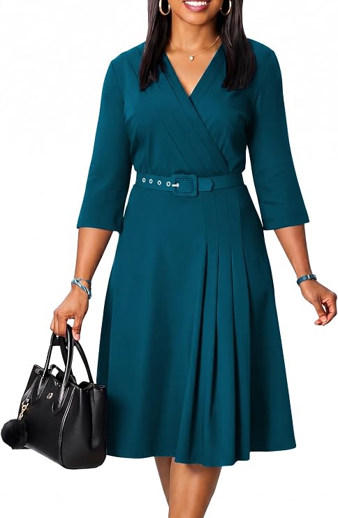 ZVO Business Work Dress for Women Elegan Church V-Neck A Line Midi Dresses