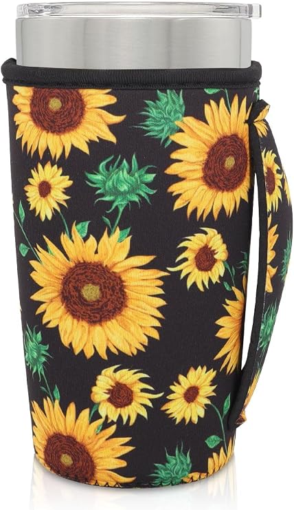 Neoprene Insulated Sleeves Cup Holder with Handle for 20oz Tumbler Cups, Reusable Iced Coffee Sleeve For 30oz - 32oz coffee cups(Black Sunflower)