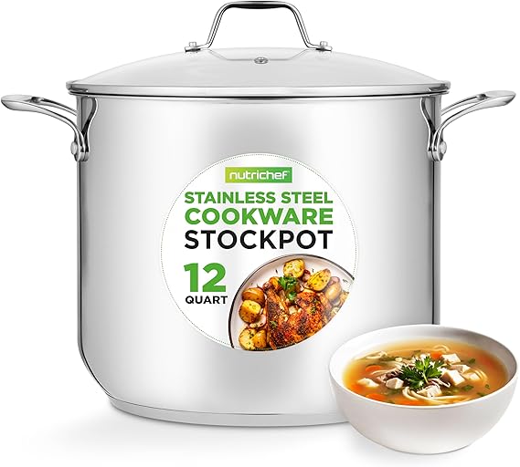 NutriChef 12-Quart Stainless Steel Stockpot 18/8 Food Grade Heavy-Duty Induction-Compatible Pot with See-Through Lid, Ideal for Stews, Broths, Simmering & Soups, Dishwasher Safe NCSP12