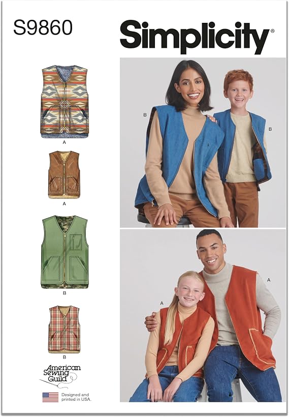 Simplicity S9860 Children's, Teens' & Adults' Lined Vest Sewing Pattern by American Sewing Guild, Children's Sizes XS-L & Adult Sizes XS-XL