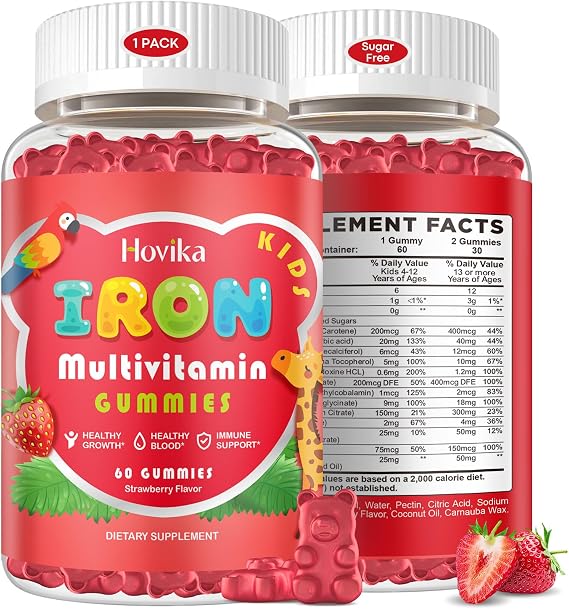 Iron Supplement Gummies for Kids with Multivitamin, Calcium, Zinc, Folate - Kids Iron Gummies Support Immune, Blood Builder, Iron Deficiency, Anemia & Energy - Vegan, Strawberry 60 Count