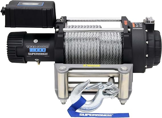 Superwinch 1518200 Tiger Shark 18000 Winch 24V 18000lb(8165kg) Single Line Pull with Roller Fairlead 29/64" x 85 ' Steel Wire Rope Corded Handheld Remote