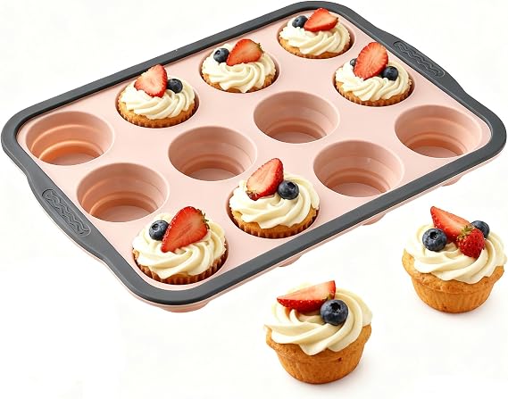 Silicone Muffin Pan for Baking with Metal Frame, Nonstick Cupcake Pan, 12 Cup Baking Pan for Cupcake, Tarts, Egg Bites(12 Cup Pink)