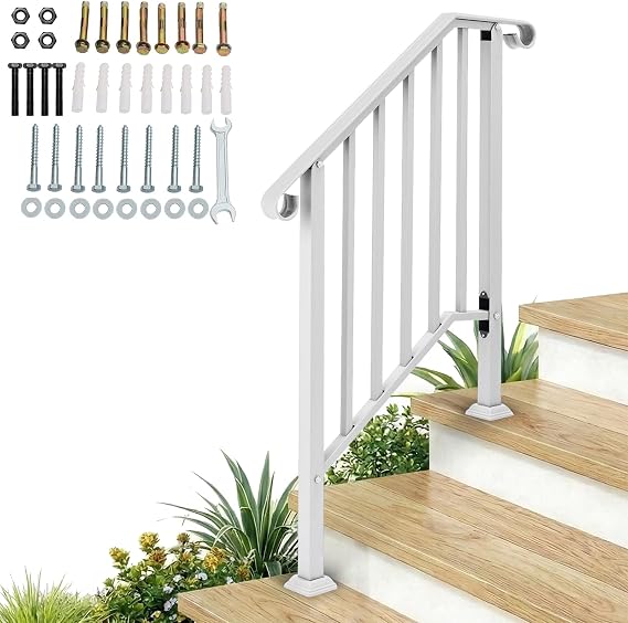 Outvita Handrails for Outdoor Steps, Wrought Iron Handrail Fits 2 or 3 Steps, Transitional Handrail with Installation Kit, Stair Railing for Concrete Steps or Wooden Stairs(White)