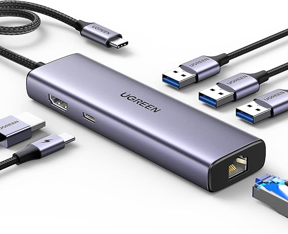 UGREEN USB C Bağlantı İstasyonu, 4K HDMI, Ethernet, PD 100W, 3 USB A 3.0 USB C Hub 5Gbps MacBook Pro/Air, iPad Pro/Air, Surface Pro/Go, Galaxy Tab/S23/S22, Steam Deck, Switch ile uyumlu