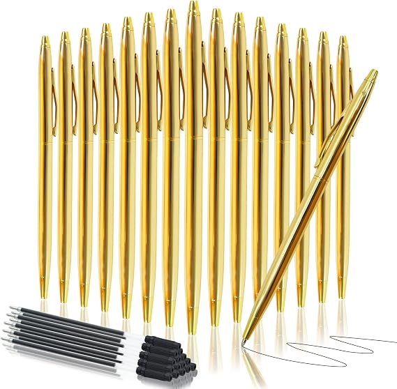 15Pcs Slim Metal Ballpoint Pens, Retractable Black Ink Biro Pens, Gold Metallic Pens with Medium Point 1.0 mm Refills, Writing Pens for Student Teacher Gifts Business Office Wedding Supplies