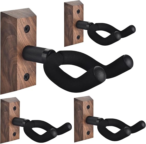 DOMMI Guitar Wall Mount 4 Pack, Guitar Holder with Adjustable Soft Guitar Hook for All Size Guitars, Hardwood U-Shaped Guitar Hanger Wall Mount for Acoustic, Electric Guitar, Bass, Black Walnut