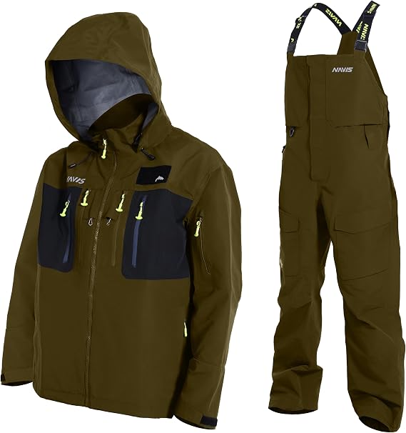 Mens 3-Layer Waterproof Fishing Jacket & Bib Pants Set Waders & Foul Weather Gear