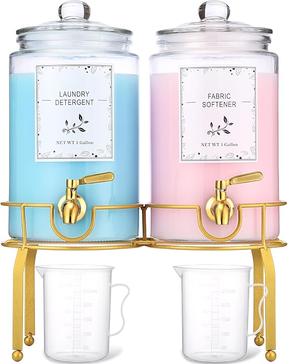 Glass Laundry Detergent Dispenser- 1 Gallon Glass Fabric Softener Dispenser with Leak-Proof Stainless Steel Faucet & Stand. Large Laundry Soap Container for Washer Room Organization &Storage