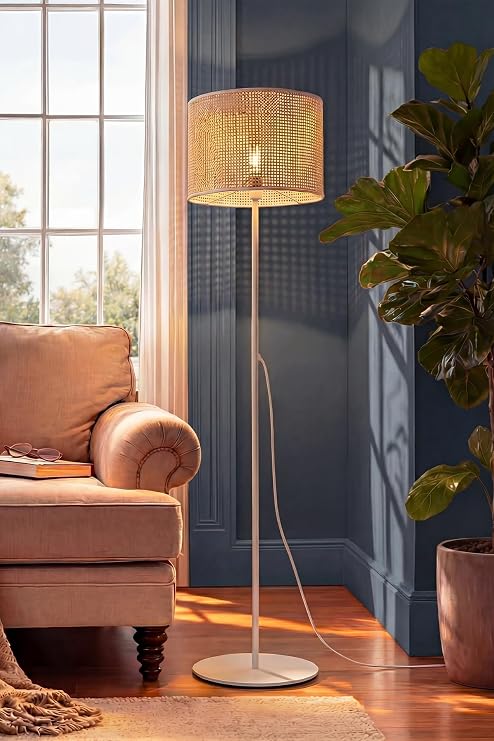 Marrien June Rattan Zemin Lambaderi, Modern Salon ve Oturma Odası Köşe Aydınlatması - Krem - 145 cm – Ayaklı Lambader, Zemin Lambası, Okuma Köşesi için Modern Yer Lambası [Enerji Sınıfı A]