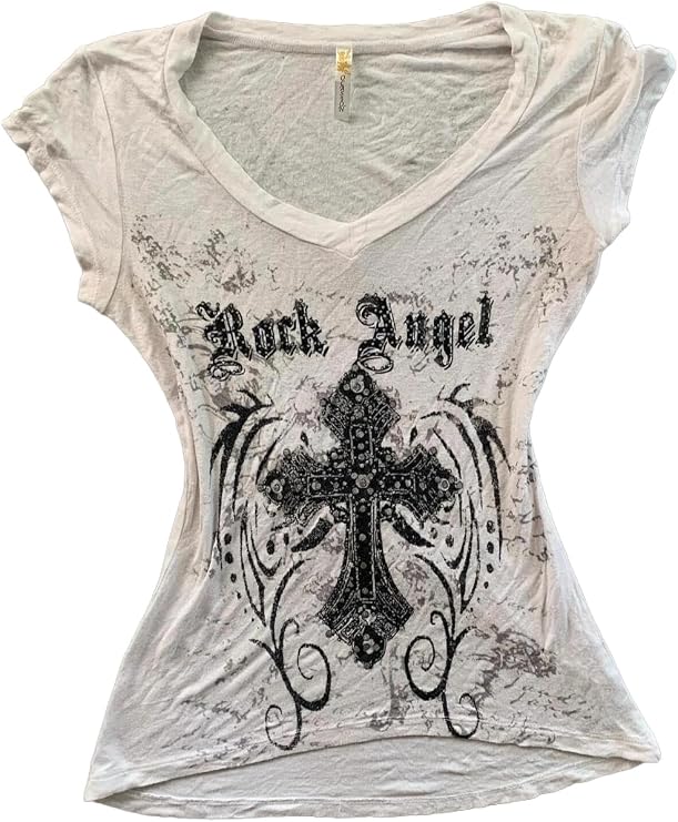 Y2K Tops Grunge Clothes for Women Alt Goth Shirts 2000s Clothing Vintage Graphic V Neck Slim Fit Short Sleeve Tee