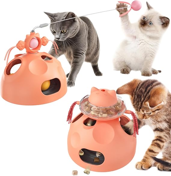 Interactive Cat Toy for Indoor Cats, 4-in-1 Modular Design with Cat Treats Puzzle Slow Feeder, Teaser Wand, Ball Maze & Spinning Ball | Kitten Enrichment Toys for Indoor