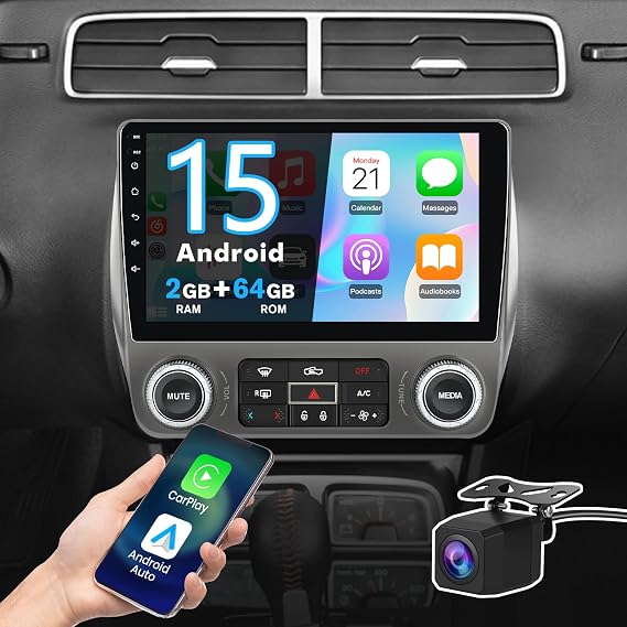 Car Radio Stereo for Chevy Camaro 2010-2015 CarPlay Android Auto | 9" Android 15 Stereo Support WiFi Bluetooth GPS BT DSP SWC Wireless CarPlay Android Auto Reverse with HD Camera 2GB+64GB
