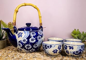 Ebros Gift Colorful Large Botanic Chrysanthemum Autumn Floral Blossoms Design Porcelain 25oz Tea Pot With 4 Cups Service Set With Strainer As Teapots And Teacups Home Decor Dining And Party Hosting