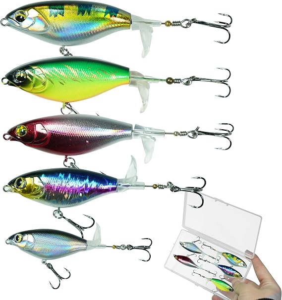 Top Water Bass Fishing Lures - 5 Pcs Topwater Fishing Lures with Floating Rotating Tail Barb Treble Hooks for Freshwater or Saltwater Bass Topwater Lure