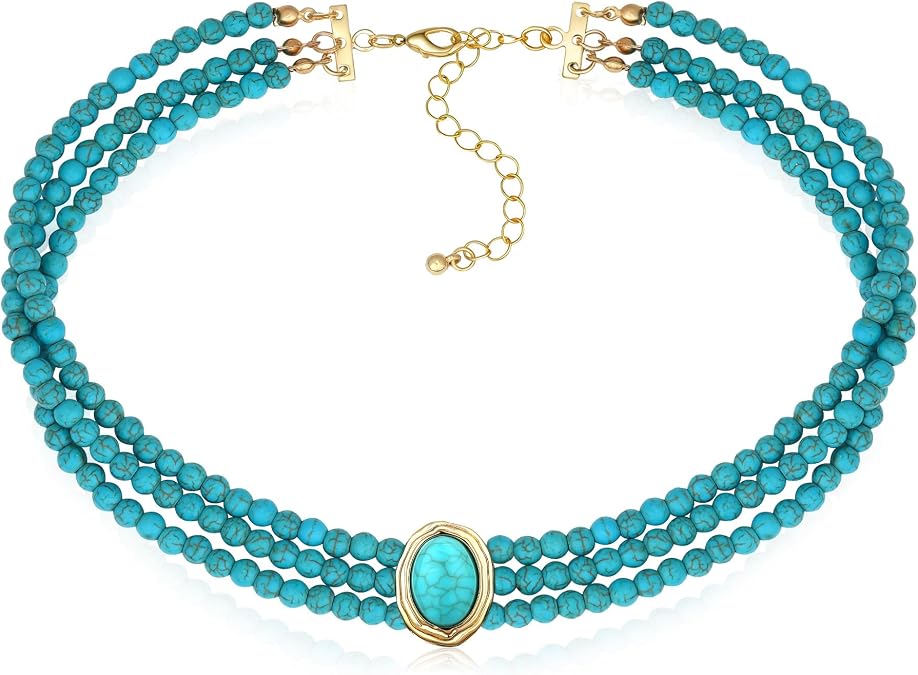 Turquoise Pearl Beaded Choker Necklace for Women, Vintage Boho Layered Faux Bead Healing Gemstone Strand Necklaces Bridal Wedding Handmade Western Victorian Jewelry