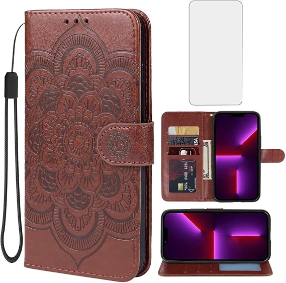 Case for iPhone 13 Case, iPhone 14 Wallet Case with Tempered Glass Screen Protector, Embossed Mandala Leather Flip Credit Card Holder Stand Phone Cover Cases for Apple iPhone 13 Brown