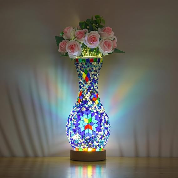 Turkish Moroccan Table Lamp Mosaic Vase Lamp Handmade Glass Vase Wood Base Decorative Bedside Lighting for Bedroom, Living Room, Farmhouse - USB Plug